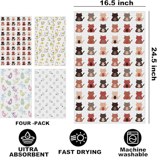 Hanamiya Na 4Pcs Cute Cat Kitchen Towels, Whimsical Decorative Absorbent Microfiber Dish Cloth Tea Towel, Durable Hand Towels for Farmhouse Home Bathroom, Cat Lover Gifts 1