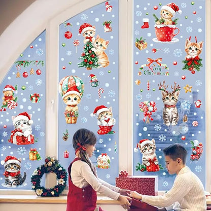 Christmas Window Clings Cat Stickers for Window Glass, 9 Sheets Xmas Decorations Cat Tree Bells Decals for Holiday Party(Cat2341)