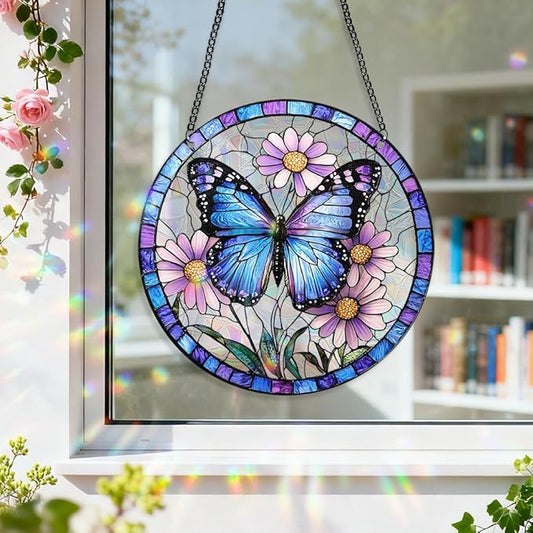8 Inchacrylic Window Hanging, Forget Me Not Flower Stained Glass Suncatcher, Window Decor, Plant Lover Gift for Women, Best Friend, Family, Colleague, Classmate (232)
