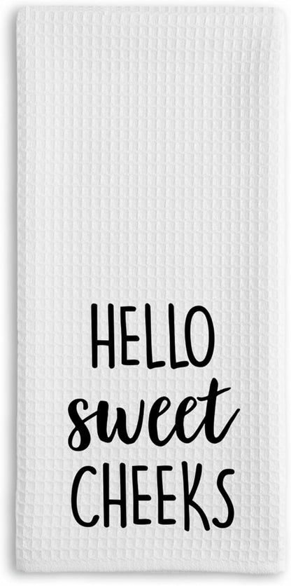 Hello Sweet Cheeks Hand Towel, Waffle Weave Microfiber Bathroom Towel, Funny Rustic Farmhouse Decor, Cute Guest Bathroom Accent