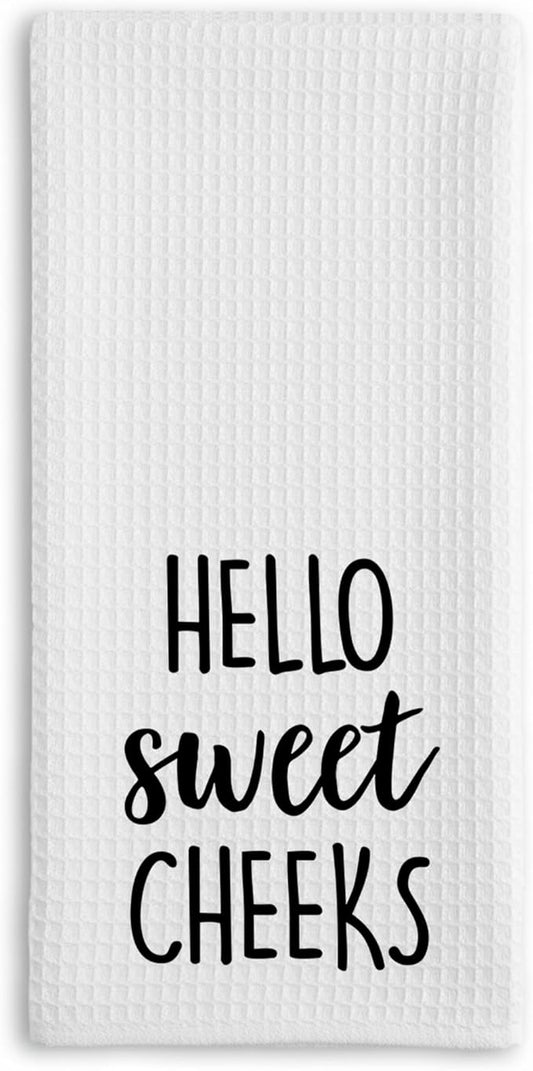 Hello Sweet Cheeks Hand Towel, Waffle Weave Microfiber Bathroom Towel, Funny Rustic Farmhouse Decor, Cute Guest Bathroom Accent