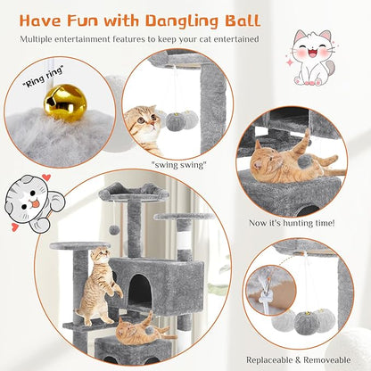 Sweetcrispy 54-Inch Cat Tree Tower – Multi-Level with Sisal Scratching Post, Perfect Pet Gift, Indoor Condo with Climbing Ladder, Plush Toy, and More Animal Stuff, Light Grey