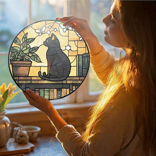 Greatingreat Stained Glass Window Hanging, Home Room Decor 7.8 Inch Cat Sun Catchers Indoor Window, Wall Art Home Decor Gift for Cat Lovers Women Mother's Day