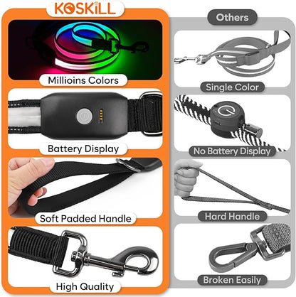 LED Dog Leash Ultra Bright, Waterproof, 7 Lighting Mode, Glow in The Dark & Reflective, Type-C Rechargeable, Battery Indicator, Carabiner Clip for Night Walking Safety, Small to Large Pets