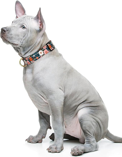 Reflective Dog Collar for Medium Dogs, Cute Flower Theme Adjustable Heavy-Duty Nylon Puppy Collar for Boy and Girl Female, Soft Pet Accessories with Quick Release Buckle, Elegant Floral