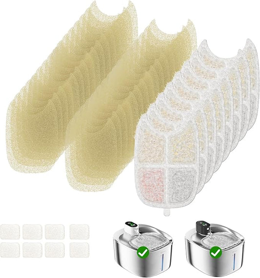 Wireless Cat Water Fountain Filter, 8 Pack Filters with 32 Pre-Filter Sponge for Cat Fountain Stainless Steel 135 fl oz, 6 Layer Replacement Filters for Pet Fountain Battery Operated