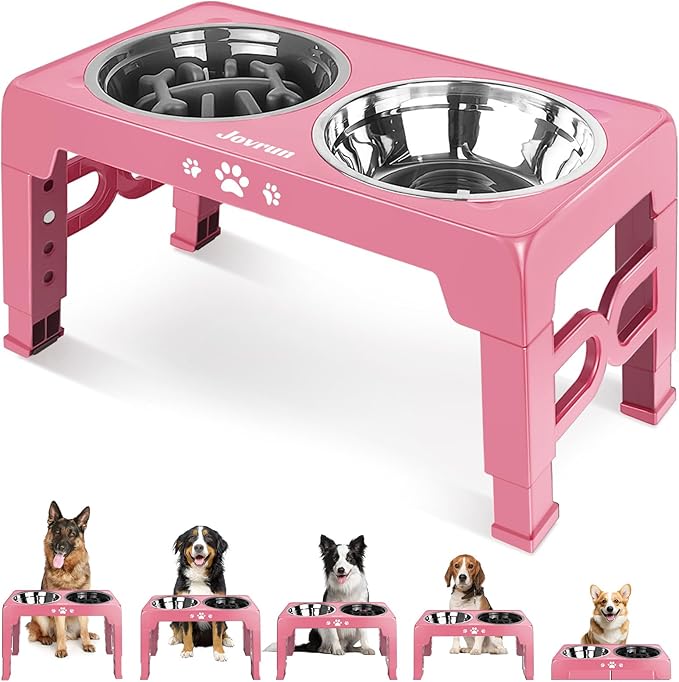 Elevated Dog Bowls, Non-Slip Dog Feeder with 1*Stainless Steel Dishes & 1*Slow Feeder Bowl, 5 Heights Adjustable Raised Bowls for 3.15″-8.66″-9.84″-11.02″-12.2″
