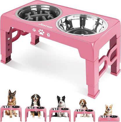 Elevated Dog Bowls, Non-Slip Dog Feeder with 1*Stainless Steel Dishes & 1*Slow Feeder Bowl, 5 Heights Adjustable Raised Bowls for 3.15″-8.66″-9.84″-11.02″-12.2″