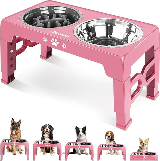 Elevated Dog Bowls, Non-Slip Dog Feeder with 1*Stainless Steel Dishes & 1*Slow Feeder Bowl, 5 Heights Adjustable Raised Bowls for 3.15″-8.66″-9.84″-11.02″-12.2″