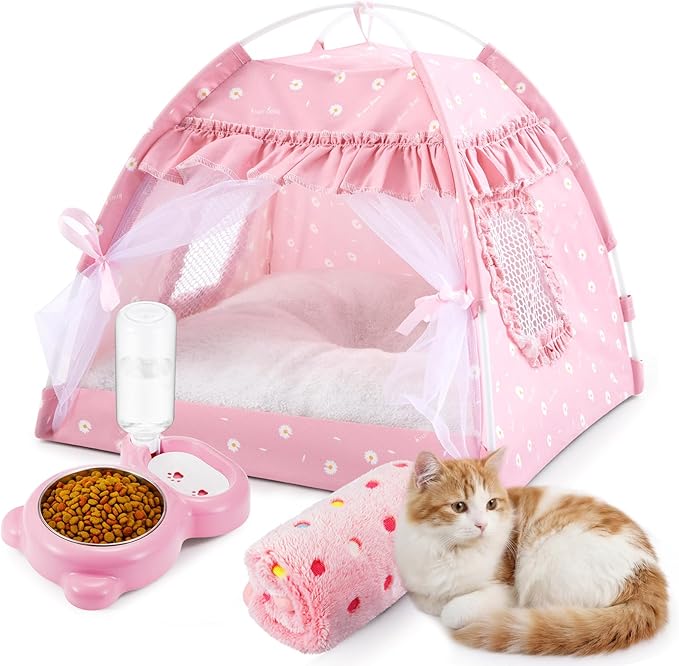 BreezeHug 3 Pieces Dog Tent Bed Cat Princess Tent with Food-Water Bowl and Washable Blanket for Small Pet, Indoor Removable Pink Nest Teepe Pet House Kit for Small Cat, Dog, Puppy, Rabbit