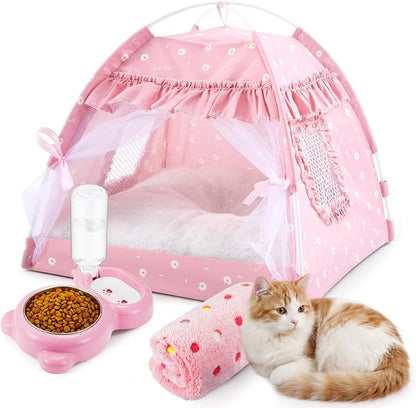 BreezeHug 3 Pieces Dog Tent Bed Cat Princess Tent with Food-Water Bowl and Washable Blanket for Small Pet, Indoor Removable Pink Nest Teepe Pet House Kit for Small Cat, Dog, Puppy, Rabbit