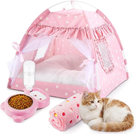 BreezeHug 3 Pieces Dog Tent Bed Cat Princess Tent with Food-Water Bowl and Washable Blanket for Small Pet, Indoor Removable Pink Nest Teepe Pet House Kit for Small Cat, Dog, Puppy, Rabbit