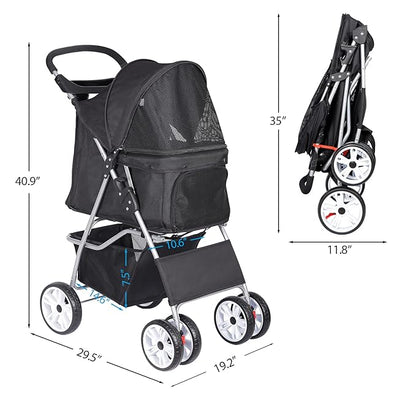 4 Wheels Foldable Pet Dog Cat Jogger Stroller Travel Carrier Strolling Cart w/Waterproof Cover Storage Basket Cup Holder & Removable Liner for Medium Small Cat Dog, Black