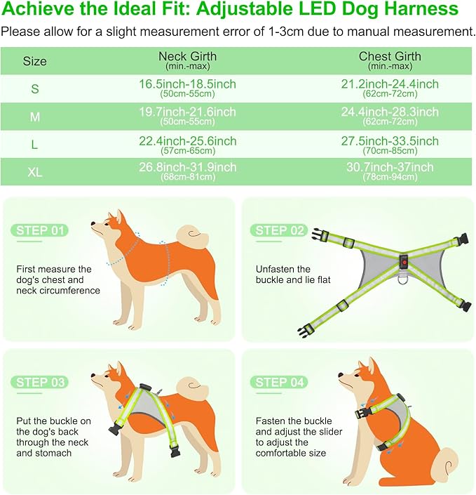 Visinite LED Dog Harness, USB Rechargeable Light Up Dog Vest, 2 Illuminate Modes Glow in The Dark Dog Harness, Adjustable Lighted Pet Harness Light for Night Walking Safety (Green, S)