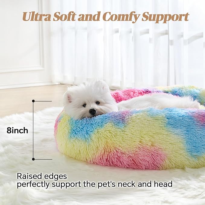 Calming Small Dog Bed, Donut Fluffy Anti-Anxiety Round Washable Cute Bed, Plush Cozy Cuddler Warming Soft Comfort Pet Bed for Small Medium Dogs Cats,28inch, Rainbow