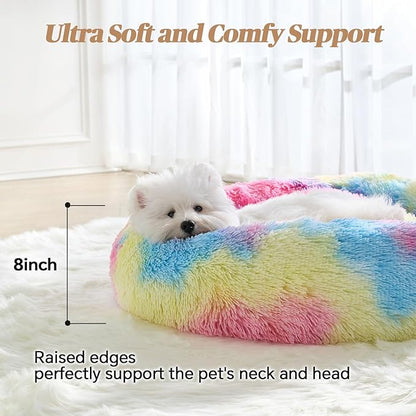 Calming Small Dog Bed, Donut Fluffy Anti-Anxiety Round Washable Cute Bed, Plush Cozy Cuddler Warming Soft Comfort Pet Bed for Small Medium Dogs Cats,28inch, Rainbow
