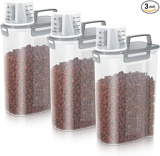 3-5Lbs Airtight Small Cat Dog Pet Food Storage Containers BPA Free, with Large Pour Spout/1 Measuring Cup/ 4 Safety Locks and Double-layer Silicone Strip (Clear Grey 3Pack)