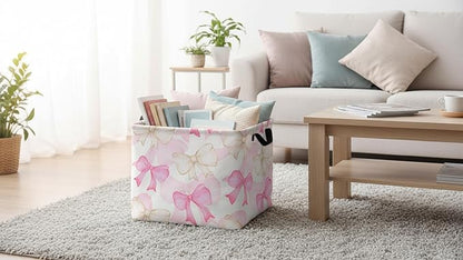 CLOCOR Rectangular Storage Basket,Collapsible Cute Pattern Storage Bin,Waterproof Books Box with Handles,Gift Basket(Gouache Bow)