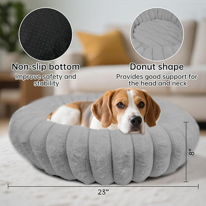 Donut Dog and Cat Bed, Luxurious Comfortable Faux Rabbit Fur Pet Beds, Soft Anti-Anxiety Calming Puppy Kitten Bed with Anti-Slip Bottom for Small Medium Dogs & Cats(23", Grey)