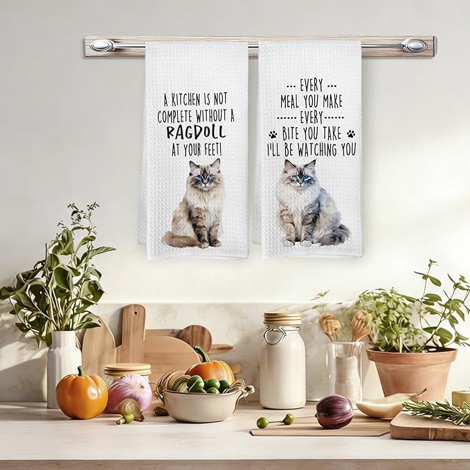 Funny Ragdoll Cat Kitchen Towels, Ragdoll Cat Mom Lady Lovers Gifts for Women Hand Towels, Gifts for Pet Lovers Dishcloths Dish Towel for Kitchen 16x24 Inches Set of 2