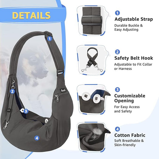 SlowTon Dog Carrier Sling, Thick Padded Adjustable Shoulder Strap Dog Carriers for Small Dogs, Puppy Carrier Purse for Pet Cat with Front Zipper Pocket Safety Belt Machine Washable (Gray S)