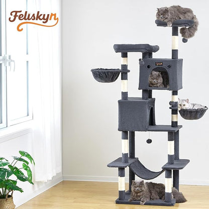 Large Cat Tree Tower for Indoor Cats Adult, 74.8 Inch Tall Large Multi-Level Tree Towers with Scratching Posts, Condo, Hammock, Bed for Big Cats, Modern Cat Trees Furniture Heavy Duty (Dark Gray)