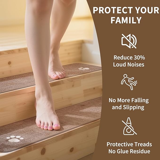 Square Stair Treads Non Slip Indoor 1PCS, Rubber Backing Stair Runner Rugs for Wooden Steps, Residue Free Stair Carpet Treads for Kids Elders Pets, Machine Washable Stair Mats, Brown, 30" x 30"