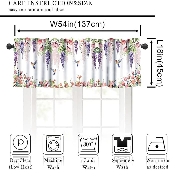 Flower Hummingbird Window Valance Curtains, Boho Watercolor Spring Bird Butterfly Blooming Floral Plant Nature Valance Curtain for Farmhouse Bedroom Living Room Kitchen 54x18inch