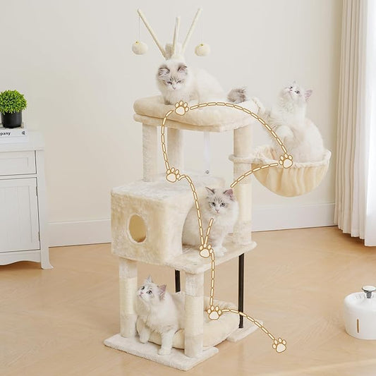 Heybly Cat Tree, 45.3-Inch Cat Tower for Indoor Cats with Large Perch, All-in-One Cat Furniture with Cozy Bed, Hidden Space Cat Condo, Comfy Hammock, Scratching Posts & 3 Pompoms, Beige HCT202SM