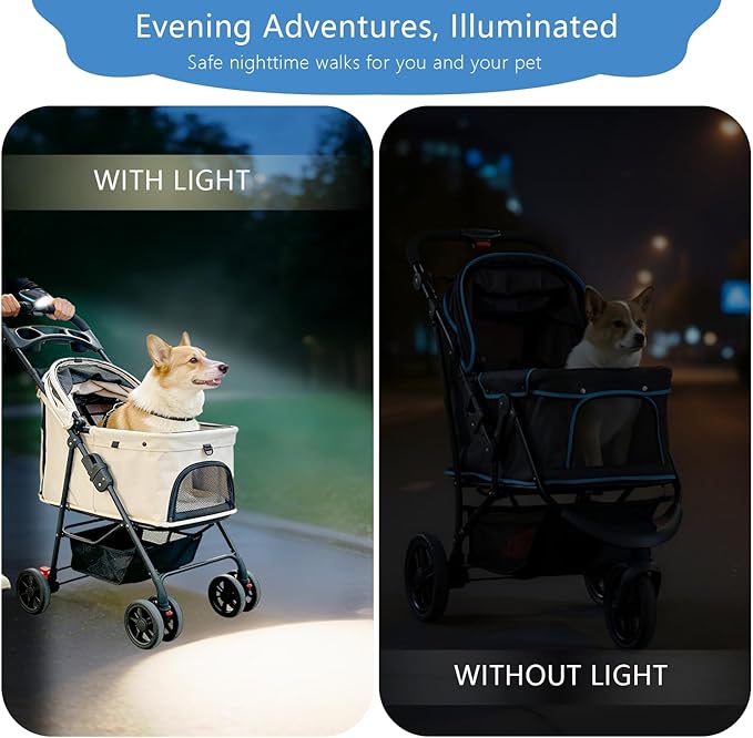 Pet Stroller Light, Solar Powered Safety LED Light for Dog Stroller, Bicycle Basket, Jogger – Waterproof, USB Rechargeable, Clip-on Night Walking Lamp