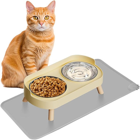 Elevated Cat Bowl with Food Mat, Raised Cat Food and Water Bowl Set for Indoor Cats, Splash Proof with 2 Stainless Steel Pet Food Bowls for Cat and Puppies,Whisker Fatigue and Dishwasher Safe (Yellow)