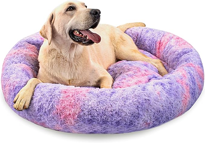 Calming Dog Bed for Big Dogs, 39'' Round Anti-Anxiety Warm Fluffy Plush Faux Fur Bed, Soft Anti-Slip Donut Washable Big Pet Bed, Cozy Big Dogs Bed, Fits up to 100 lbs Pets