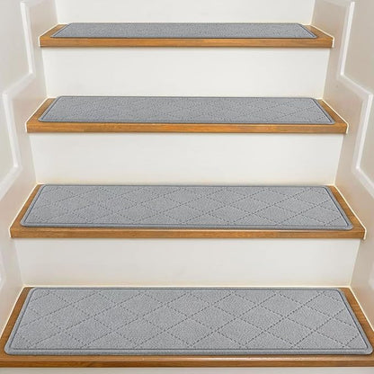Stair Treads for Wooden Steps Indoor, 15 Pack 8" X 30" Non Slip Carpet Stair Treads with Reusable Adhesive for Kids Elders and Dogs, Surface Polyester TPR Backing Stair Rugs, Grey