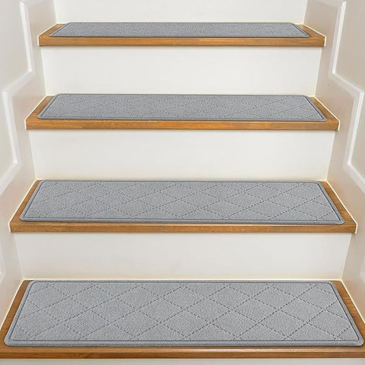 Stair Treads for Wooden Steps Indoor, 15 Pack 8" X 30" Non Slip Carpet Stair Treads with Reusable Adhesive for Kids Elders and Dogs, Surface Polyester TPR Backing Stair Rugs, Grey
