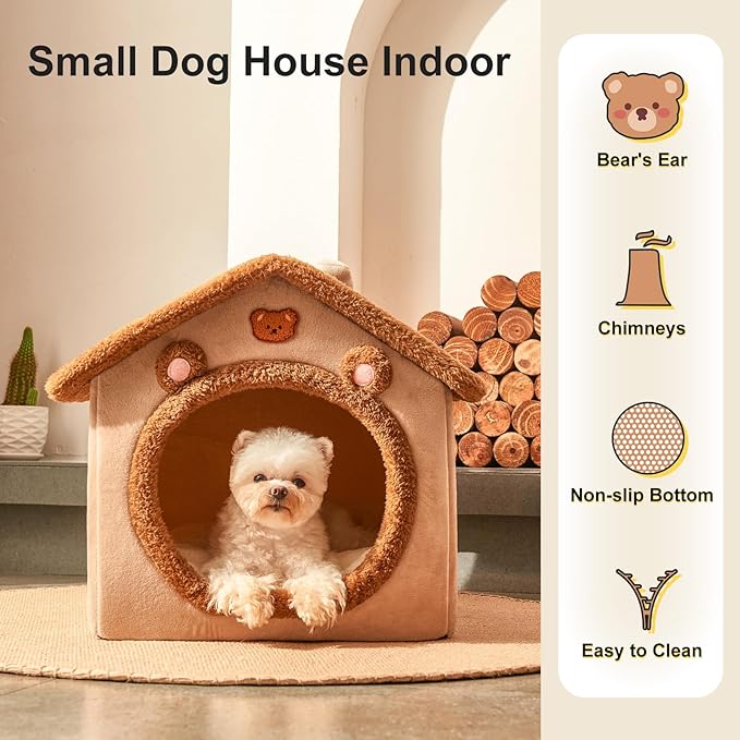 JIUPETY Dog House Dog Bed with Cover Cave with Non-Slip Bottom, M Size Tent Bed for 7-14 Lb Dogs and 9-17 Lb Cats, Brown