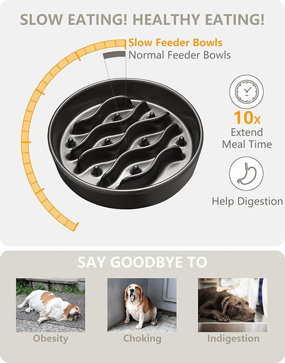 Ceramic Slow Feeder Dog Bowls Elevated, 2.0 Cups Dog Slow Feeder for Medium and Large Dogs, 30oz, 8in, Black