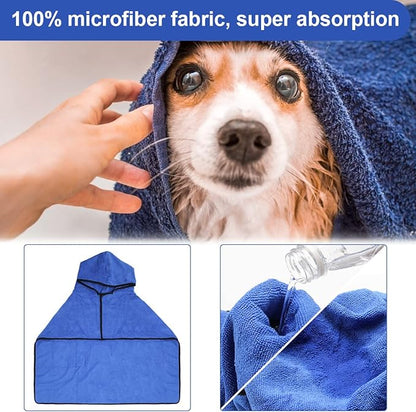 Dog Bathrobe Towel with Double Pocket, Wearable Dog Towel Super Absorbent Fast Drying, Soft Bath Robe with Hat and Belt for Medium Large Pet (Large:Back Length 23"/60 cm)