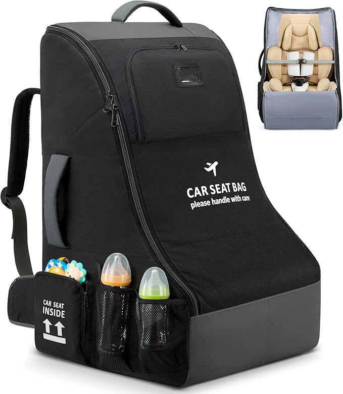 RAINSMORE Car Seat Travel Bag for Airplane Padded Car Seat Backpack Heavy-duty Car Seat Cover for Air Travel Gate Check Carseat Carrier Bags for Airport Fits Infant Carriers & Boosters