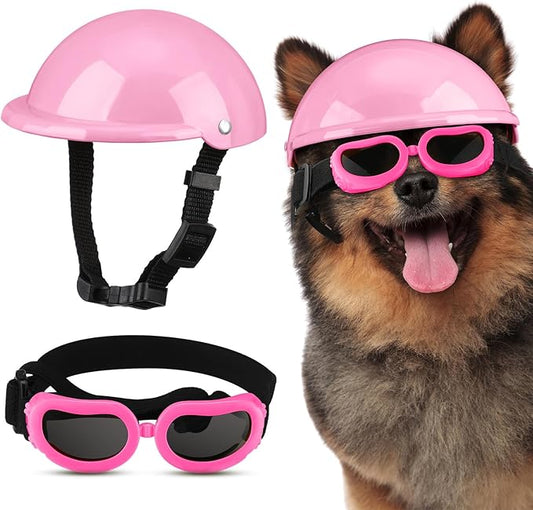 Frienda Dog Helmet and Goggles, UV Protection Doggy Sunglasses and 4 Inch Padded Puppy Motorcycle Helmet Adorable Dog Goggles with Adjustable Belt for Small Dogs Puppy Riding(Pink,M)