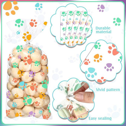 Blulu 100 Pieces Dog Treat Bags Puppy Party Favor Pet Paw Cone Cellophane Bags Candy Heat SealableDog Paw Gift with 100 Pieces Silver Twist Ties for Pet Cat Treat Party Favor (Spring Colors)
