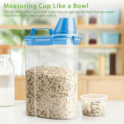 Rice Airtight Storage Container, 3 to 5Lbs Cereal Dry Food Flour Bin, Pet Dog Cat Food Dispenser with Measuring Cup, BPA Free Clear Plastic Kitchen and Pantry Organization Bin for Sugar, Pasta