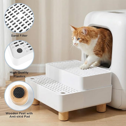 Adjustable 2 Steps Litter Box Ramp, Cat Litter Catcher Mat with Wooden Feet, Filter Function, Litter Box Step for Small & Elderly Cats, Fits Automatic Litter Boxes (White)
