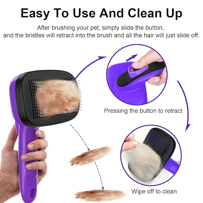 Self Cleaning Slicker Brush for Dog, Cat, Skin Friendly Shedding & Grooming Tool for Long and Short Haired Pets, Easy Clean Retractable Bristles, Purple