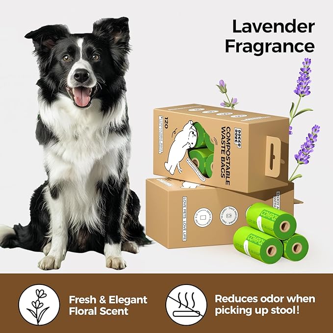 Compostable poop bags for dogs Extra 20% Thicker Biodegradable dog poop bags rolls Leak-proof,Lavender Scented Pet Waste Bags Made From Cornstarch(8 Rolls,120Bags)