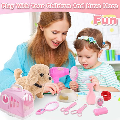 14PCS Dog Toys for Kids, Walking Barking Electronic Interactive Plush Puppy Toy with Carrier and Accessories, Pet Care Toy Set for Kids, for Girls and Boys 3 4 5 6+ Year Old