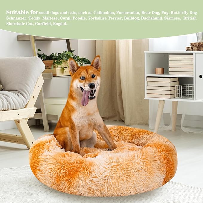 Calming Dog Bed for Medium Dogs Cats, Puppy 31'' Round Anti-Anxiety Warm Fluffy Plush Faux Fur Bed, Soft Anti-Slip Donut Washable, Cozy Medium Puppy Bed, Fits up to 50 lbs Pets