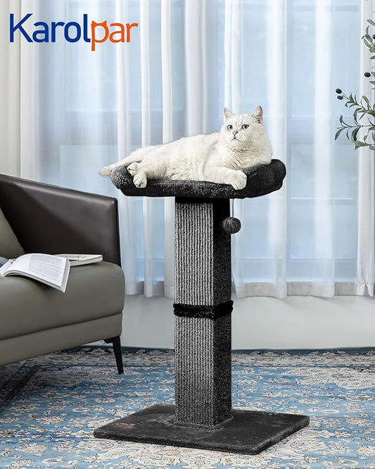 Karolpar 32" Cat Scratching Post for Indoor Cats, Sisal Cat Scratcher with Plush Perch, Large Scratch Post with Bed, Removable Cover, Sisal Fabric,Black
