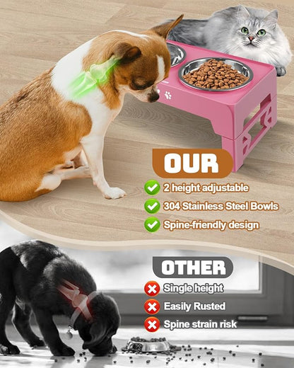 Elevated Dog Bowls for Small Dogs and Cats, Dog Feeder with 2 Thick 5.5" Stainless Steel Dishes, Non-Slip 2 Heights Adjustable to 2.6"-5.3"