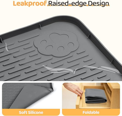 Dog Food Mat, Extra Large 34" x 22" Silicone Pet Feeding Mat with Raised Edge Pet Placemat for Small, Medium, and Large Pets Non-Slip, Easy to Clean (Dark Grey)