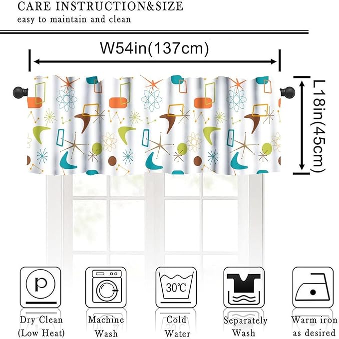 Mid Century Window Valance Curtains, Retro Atomic Starburst Vintage Modern Abstract Geometric Pattern 50s 60s Curtain Valance for Bedroom Living Room Kitchen 54x18inch